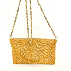 Vintage GOLD BEADED Purse Beaded Clutch Long Shoulder Chain Convertible Clutch Bag Beaded Envelope Purse Formal Beaded Evening Bag Boho Chic