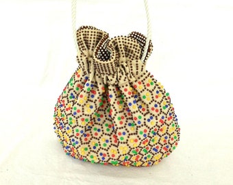 40s CANDY DOT Purse Drawstring Pouch Purse Reversible Purse Beaded Bag Multi Beaded Corduroy Purse Wrist Purse Plastic Beaded Bag Hong Kong