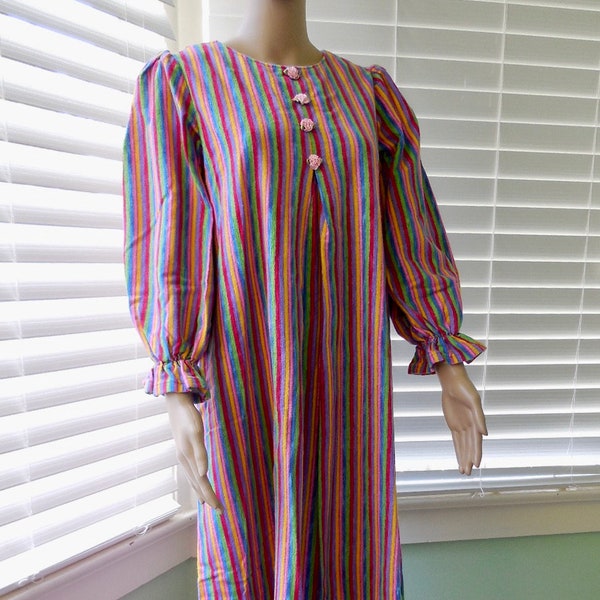 70's FLANNEL NIGHTGOWN Long Striped Cotton Flannel Nightgown Ruffle Sleeves Size X Small 2 Petite