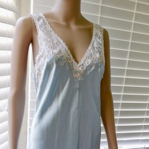 VINTAGE Long NIGHTGOWN Sky Blue Nightgown Satiny Blue Polyester Lingerie Sheer White Lace Trim Sleeveless V Neck Low Open Back Size Small