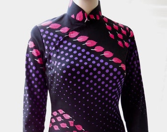 MODERN Chinese CHEONGSAM Abstract Black Pink Purple Qipao Asian Maxi Dress Long Sleeve Qipao Mandarin Collar Bodycon Dress Size X Small-00