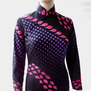 MODERN Chinese CHEONGSAM Abstract Black Pink Purple Qipao Asian Maxi Dress Long Sleeve Qipao Mandarin Collar Bodycon Dress Size X Small-00