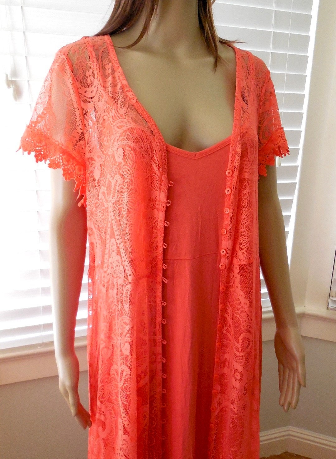 Lace Overlay Dress Set Sheer Tangerine Lace Gown Elegant Lace Maxi Dress Formal Lace Dress Button Front Full Figure Plus Size 1x Unworn