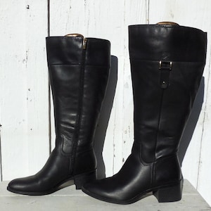 Women's BLACK Leather Boots FRANCO SARTO Knee Boots Wide Calf Moto Boots Riding Boots Chunky Low Heel Inside Zip Boho Hippie Boot Size 9