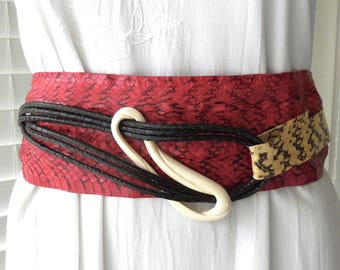 SNAKESKIN Waist Belt Obi Belt Wide Corset Belt Lambskin Leather Tie Belt Handmade Statement Belt 3 1/2 Wide Embellished Belt Boho Chic Belt