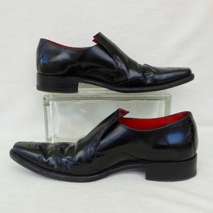 70s BEATNIK Shoes JEFFERY WEST English Shoes Vintage Black Leather Wingtips Steampunk Shoes Slip Ons Pointed Toe Preppy Loafers Mens Size 8