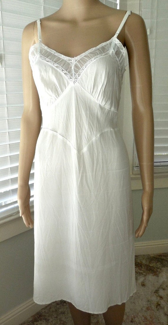 50s WHITE TAFFETA Slip Dress Sheer Chiffon Trim Sl