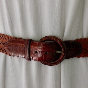 Oxblood LEATHER Belt BRIGHTON Woven Leather Cinch Belt Faux Croc Embossed Belt Leather Covered Buckle Boho Chic Hippie Belt Unworn Size 30