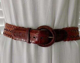 Oxblood LEATHER Belt BRIGHTON Woven Leather Cinch Belt Faux Croc Embossed Belt Leather Covered Buckle Boho Chic Hippie Belt Unworn Size 30