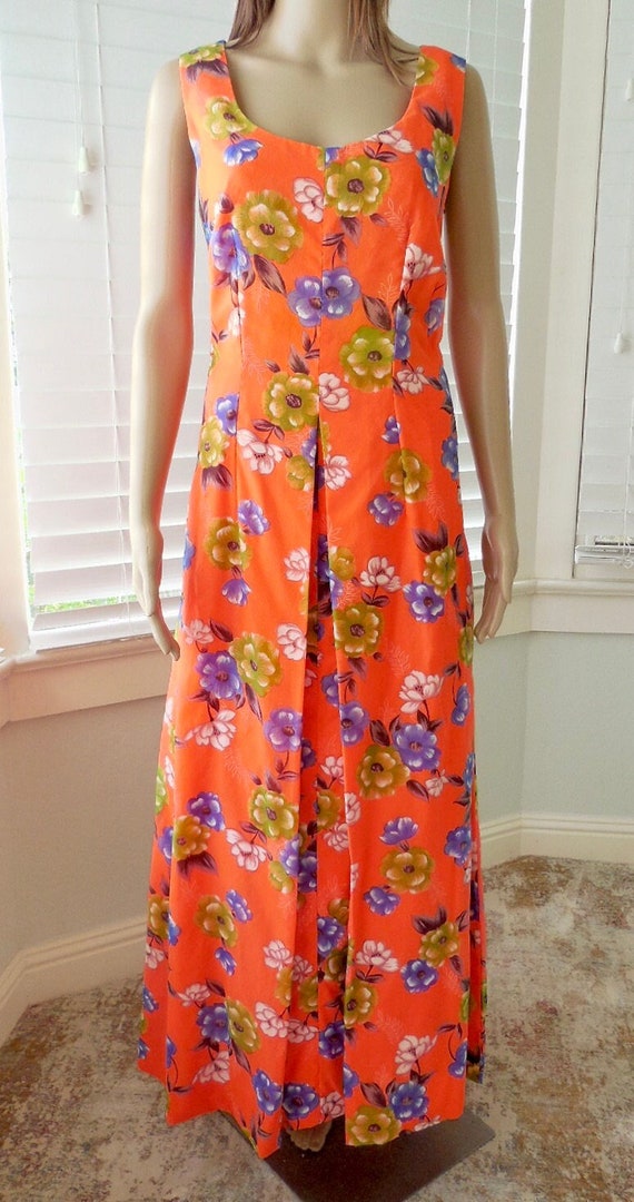 70's FLORAL CHIFFON Maxi Gown Orange Chiffon Dress