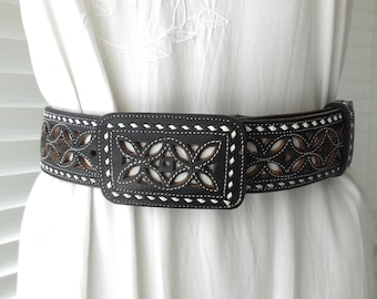 LEATHER Hippie Belt LUCKY BRAND Floral Tapestry Buckle  display picture 3