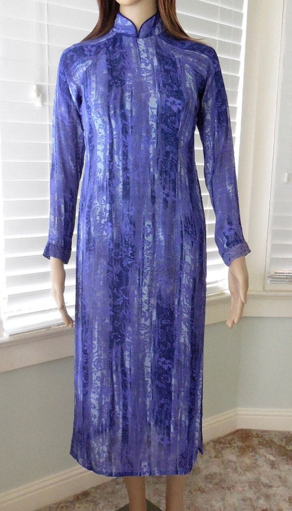Purple Silk Chinese Cheongsam Qipao Semi Sheer Silk Cheongsam Tea Gown Asian Maxi Dress Long Sleeve Qipao Mandarin Collar Size XX Small-00