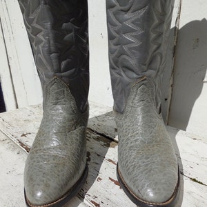 May include: A pair of gray cowboy boots. The boots have a textured, almost reptilian appearance on the foot and a stitched design on the shaft. The soles are dark brown with a light brown welt. The boots are made of leather.