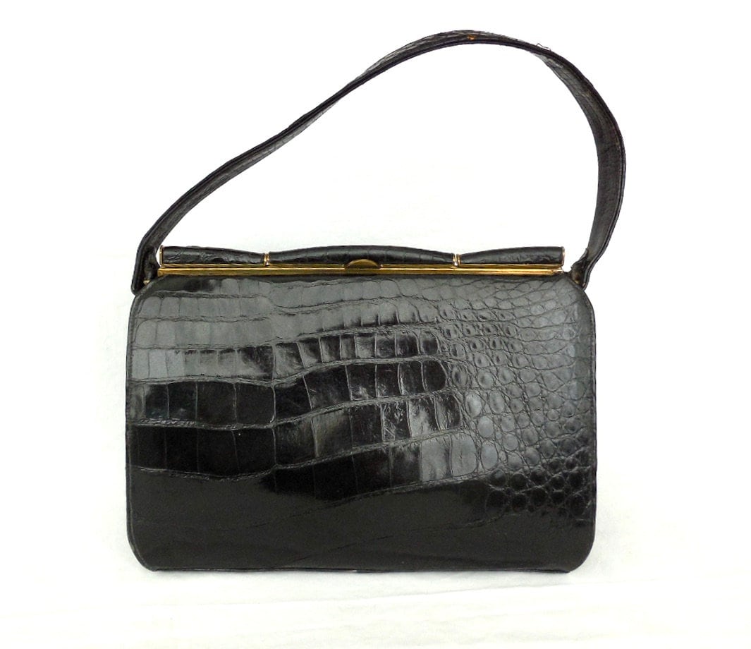 Lederer Black Alligator Purse w/ Gold Hardware & Expandable Frame