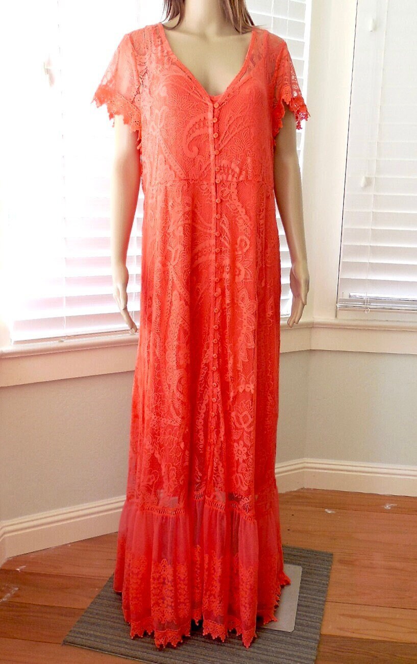 Lace Overlay Dress Set Sheer Tangerine Lace Gown Elegant Lace Maxi Dress Formal Lace Dress Button Front Full Figure Plus Size 1x Unworn