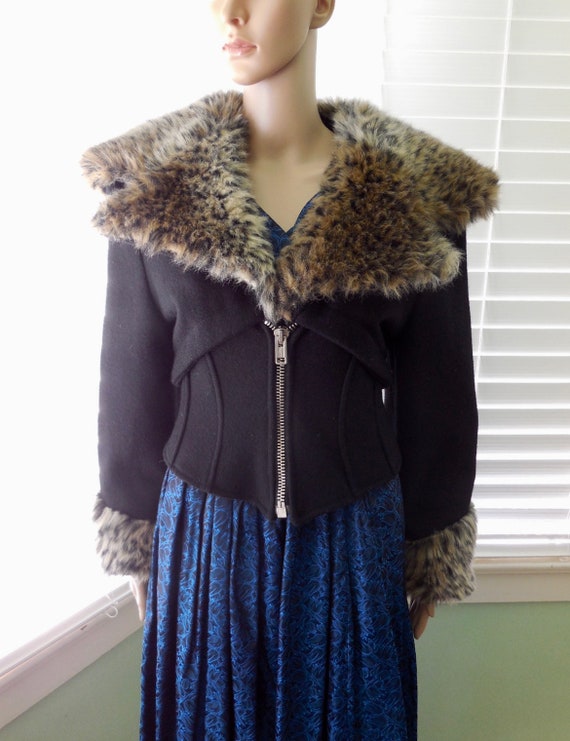 80s CROPPED WOOL Jacket Faux Leopard Collar Leopar
