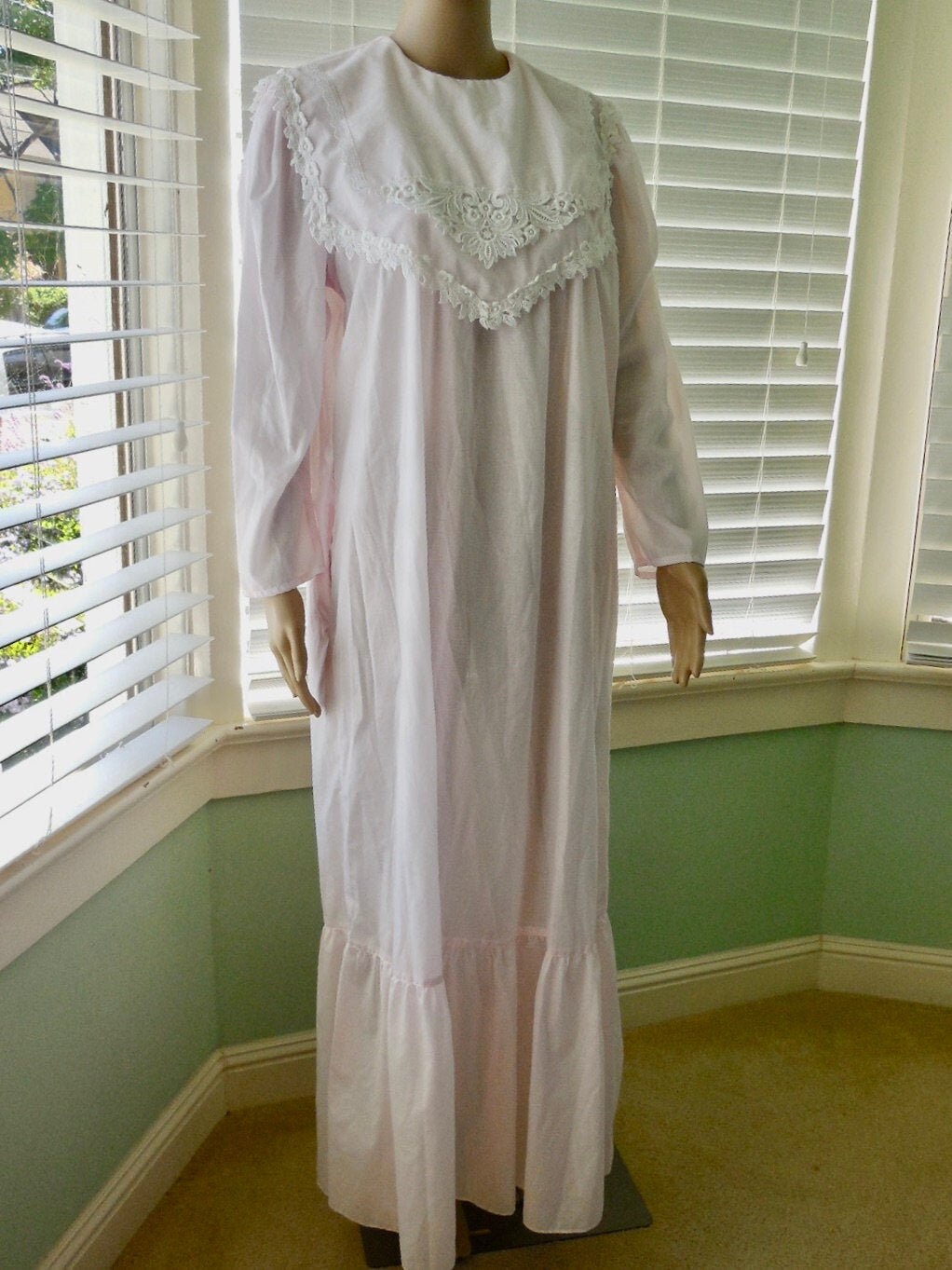 SeadawlVintage Pink Nightgown Gunne Sax Long Nightgown Ruffles Semi Sheer Cotton Poly Pink Nightie Longsleeve Granny Nightdress 80s Lingerie Large Tall