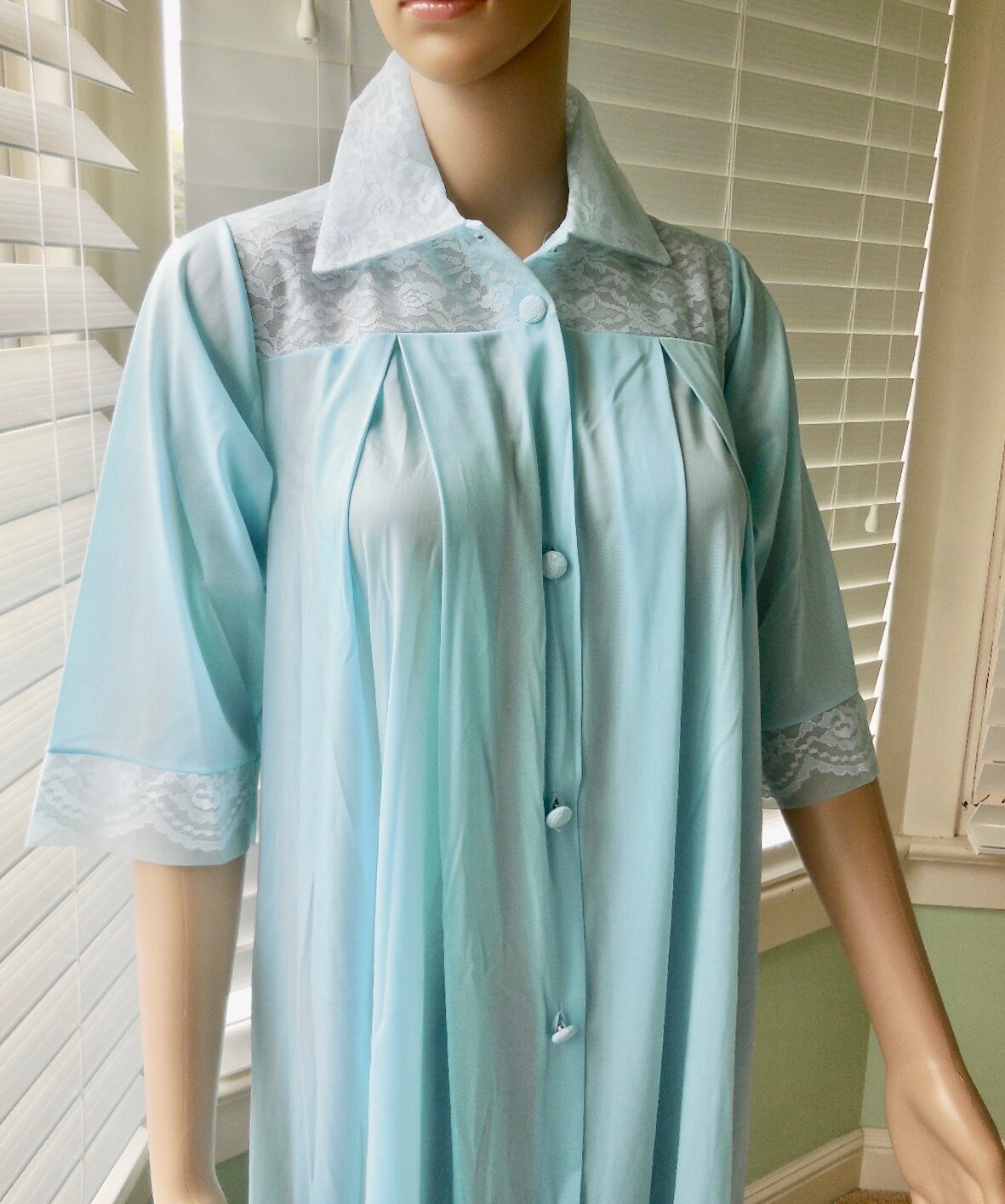 60s NYLON Housecoat HENSON KICKERNICK Sky Blue Button up Robe Sheer ...