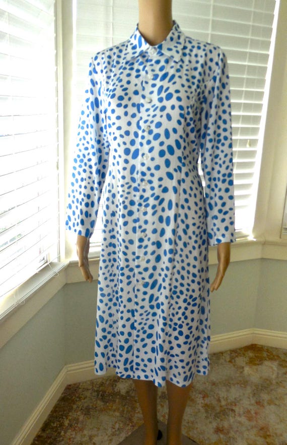 70s Mod POLKA DRESS Semi Sheer Button Up Dress Shirt Collar Dress Longsleeve Midi Dress Blue N White Polka Dot Dress Button Front Size 8 Med