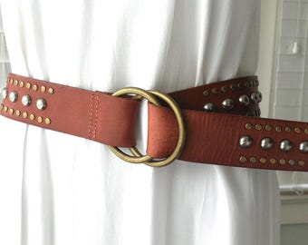 Vintage Studded Wide Brown Leather Belt High Low Waist Brass  display picture 1