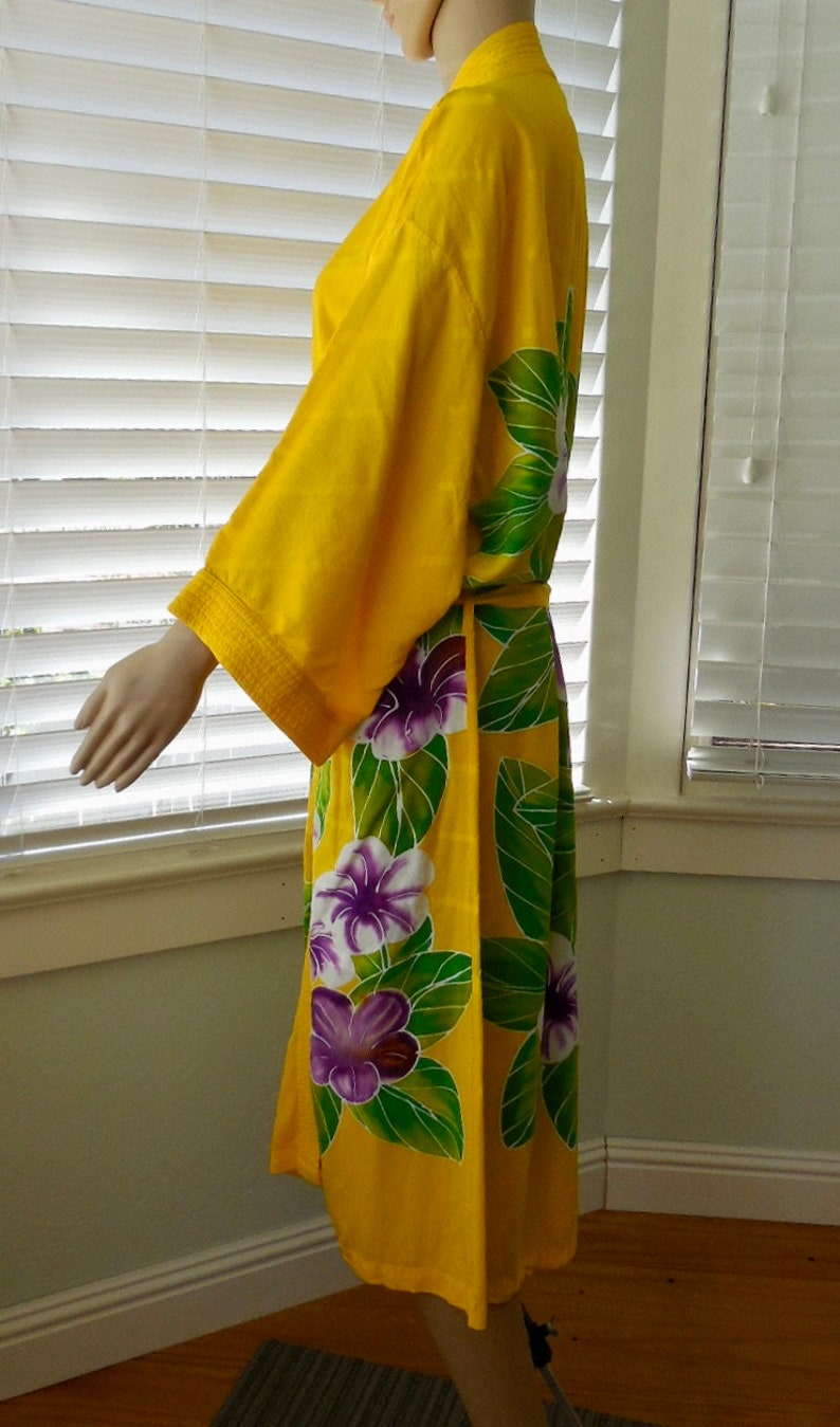 Yellow Silk Robe Yellow KIMONO ROBE Floral Batik Kimono Bright Yellow Robe Dressing Gown ...