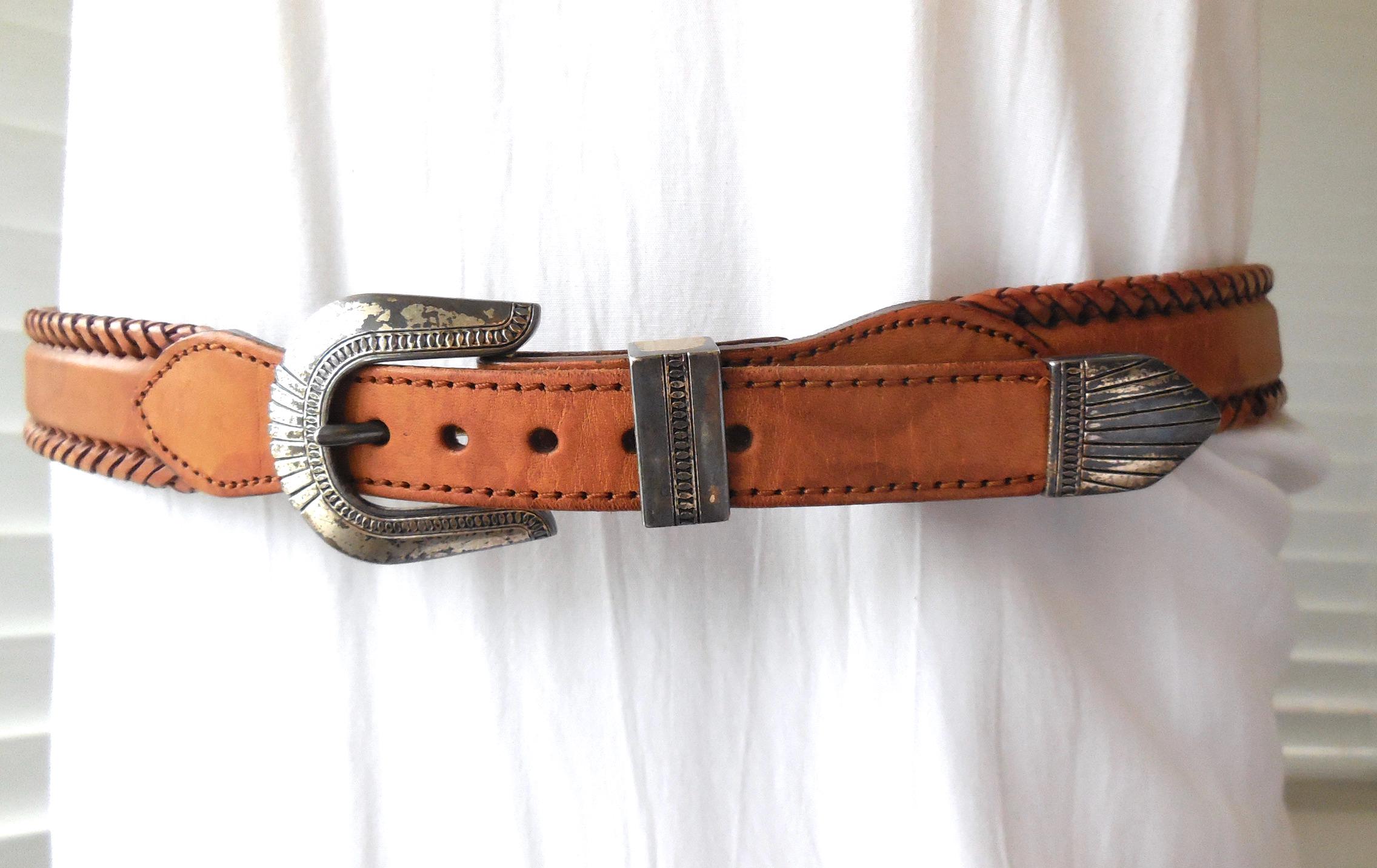 Vintage Western Bohemian Tooled Leather Belt Whipstitch Conchos size 30 Belt, A, Western Concho, Engraved, Basket Weave Tooled  main image 2