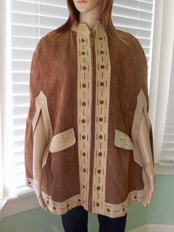 70s VINTAGE SUEDE PONCHO Suede Leather Cape Patchwork Suede Hippie  