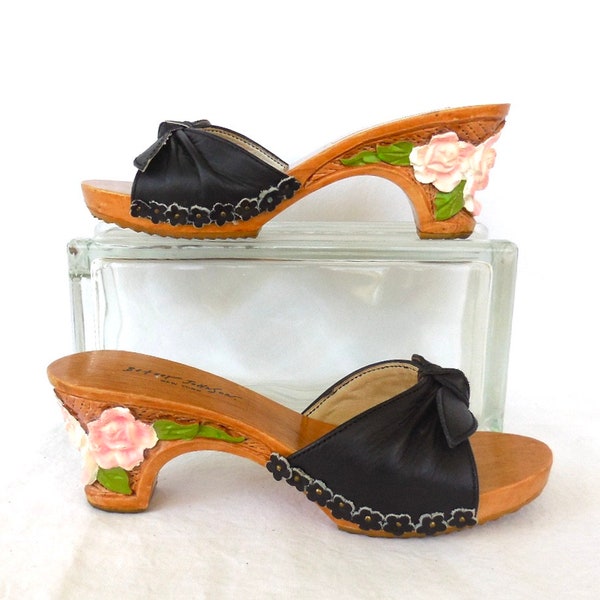 CARVED Wood Clogs BETSEY JOHNSON Hand Painted Wood Heel Tropical Wood Mules Black Leather Uppers Floral Tiki High Heels Boho Slip Ons Size