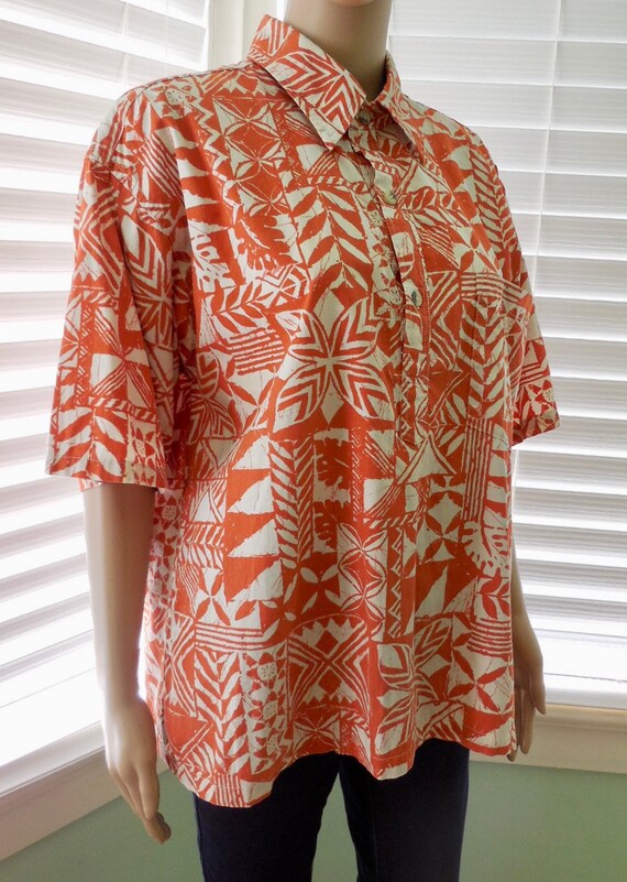 Vintage HAWAIIAN Shirt GO BAREFOOT Tribal Print C… - image 2