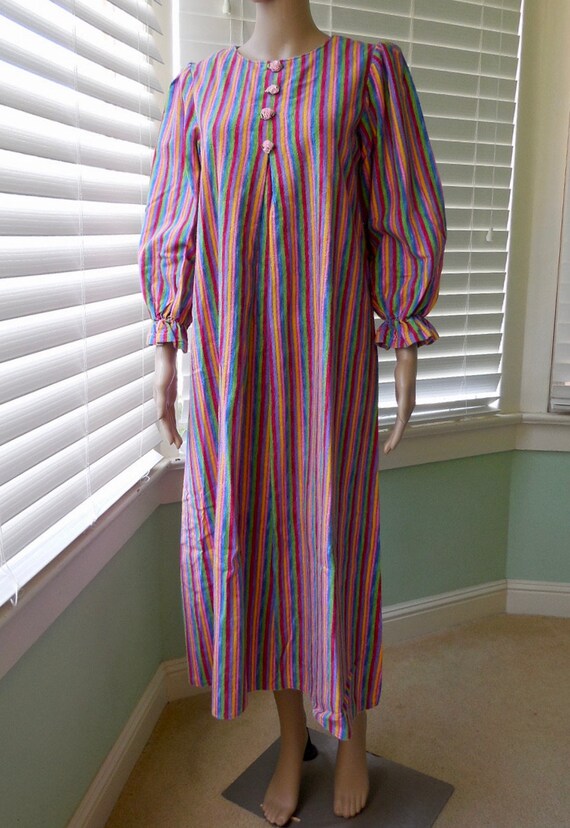 70's FLANNEL NIGHTGOWN Long Striped Cotton Flanne… - image 2