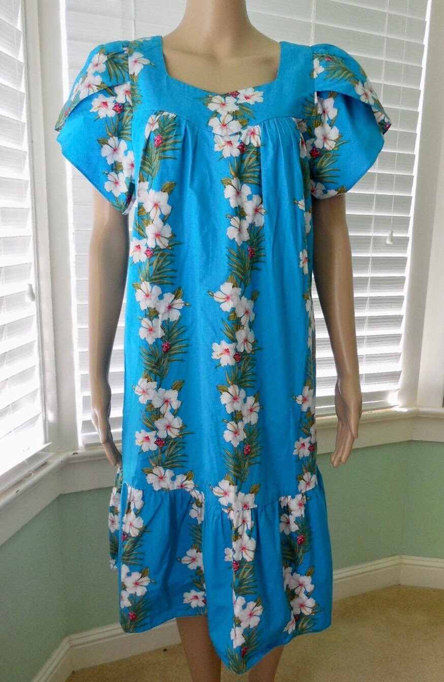 HAWAIIAN Muu Muu NI'I FASHIONS Ruffled Floral Smock Tulip Sleeves Teal Blue Floral Aloha Dress Resort Wear Made In Hawaii Size Small 6