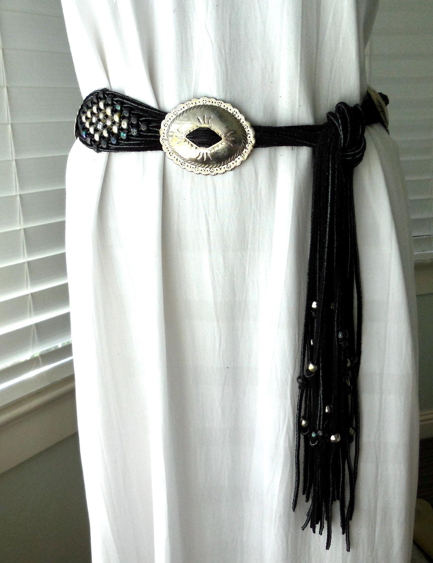 Black LEATHER Fringe Concho Belt Womens Southwestern Beaded  display picture 2