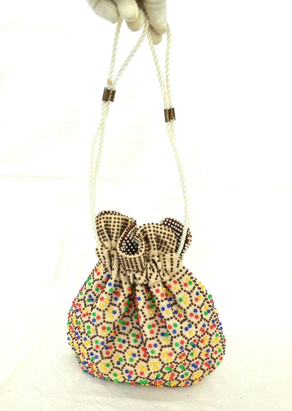 60s BEADED DRAWSTRING Purse Reversible Pouch Purse