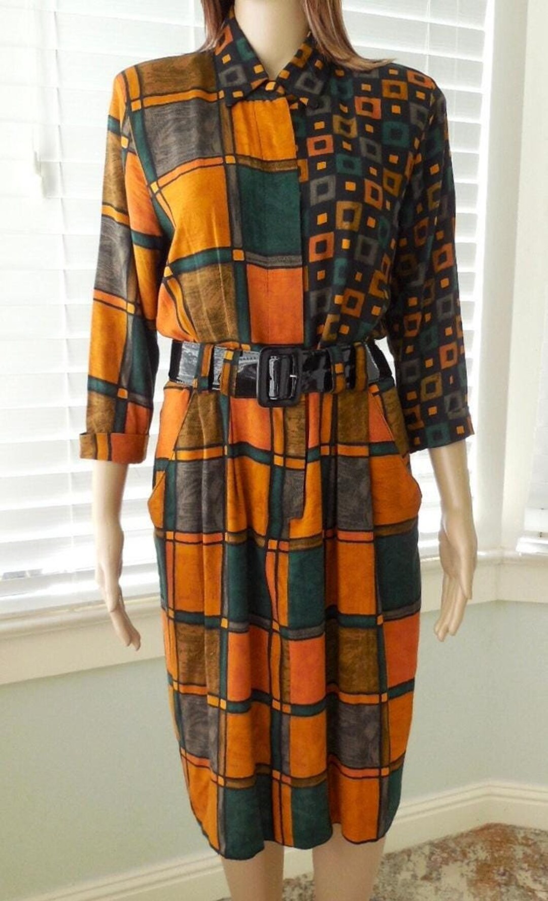 Vestido CINTURON de los anos 80 B.G.B. LTD Estampado abstracto Rayon Boton hasta ancho cinturon de charol negro Vintage camisa cuello vestido 3 4 mangas tamano 6 Petite Usa Etsy Espana