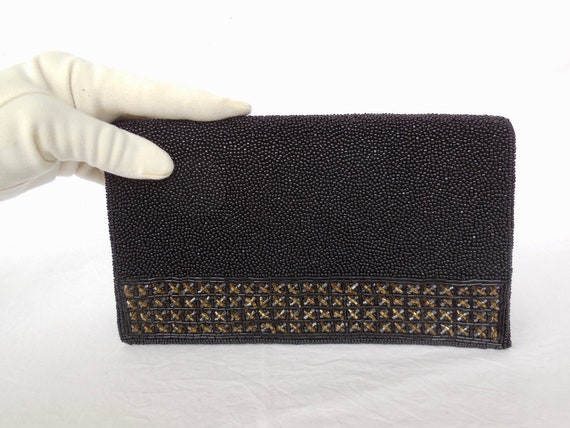60s BEADED Clutch WALBARG Black Beaded Handbag Bla