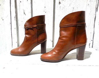 L. BALLABIO Leather Ankle BOOTS Mod Leather Boots High Heel Leather Calf Boots Cognac Brown Leather Made In Italy Size 6 Narrow 36 Euro