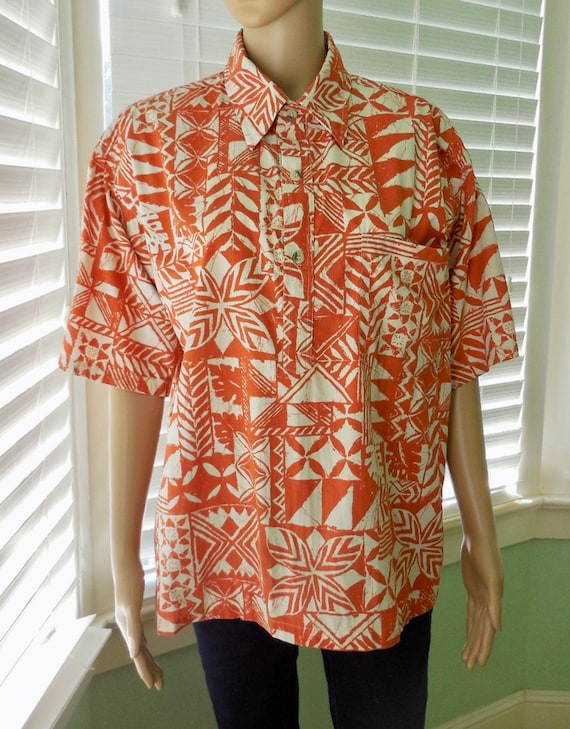 Vintage HAWAIIAN Shirt GO BAREFOOT Tribal Print C… - image 1