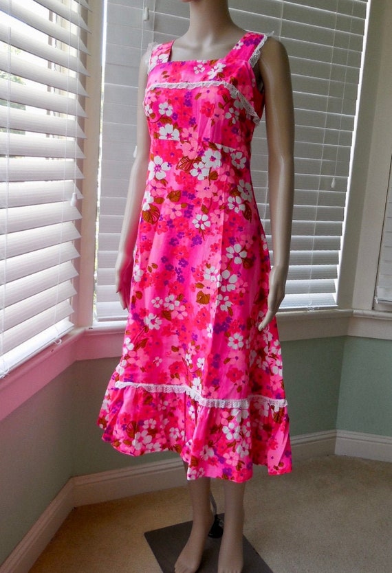 PINK FLORAL Dress Sleeveless Midi Dress Ruffle He… - image 1