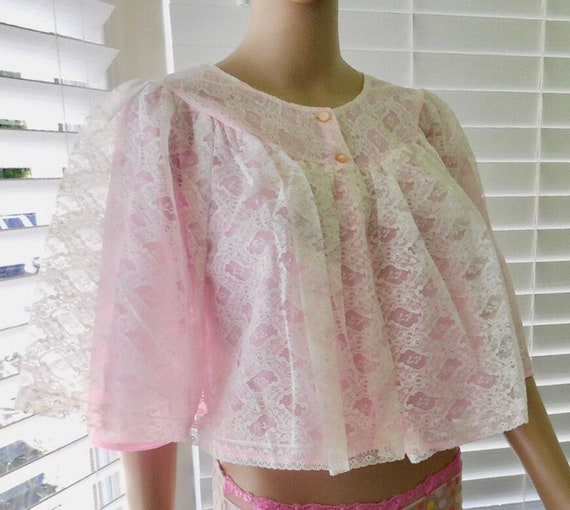 60s BED JACKET NANETTE Fluffy Lace Bed Jacket Dou… - image 1