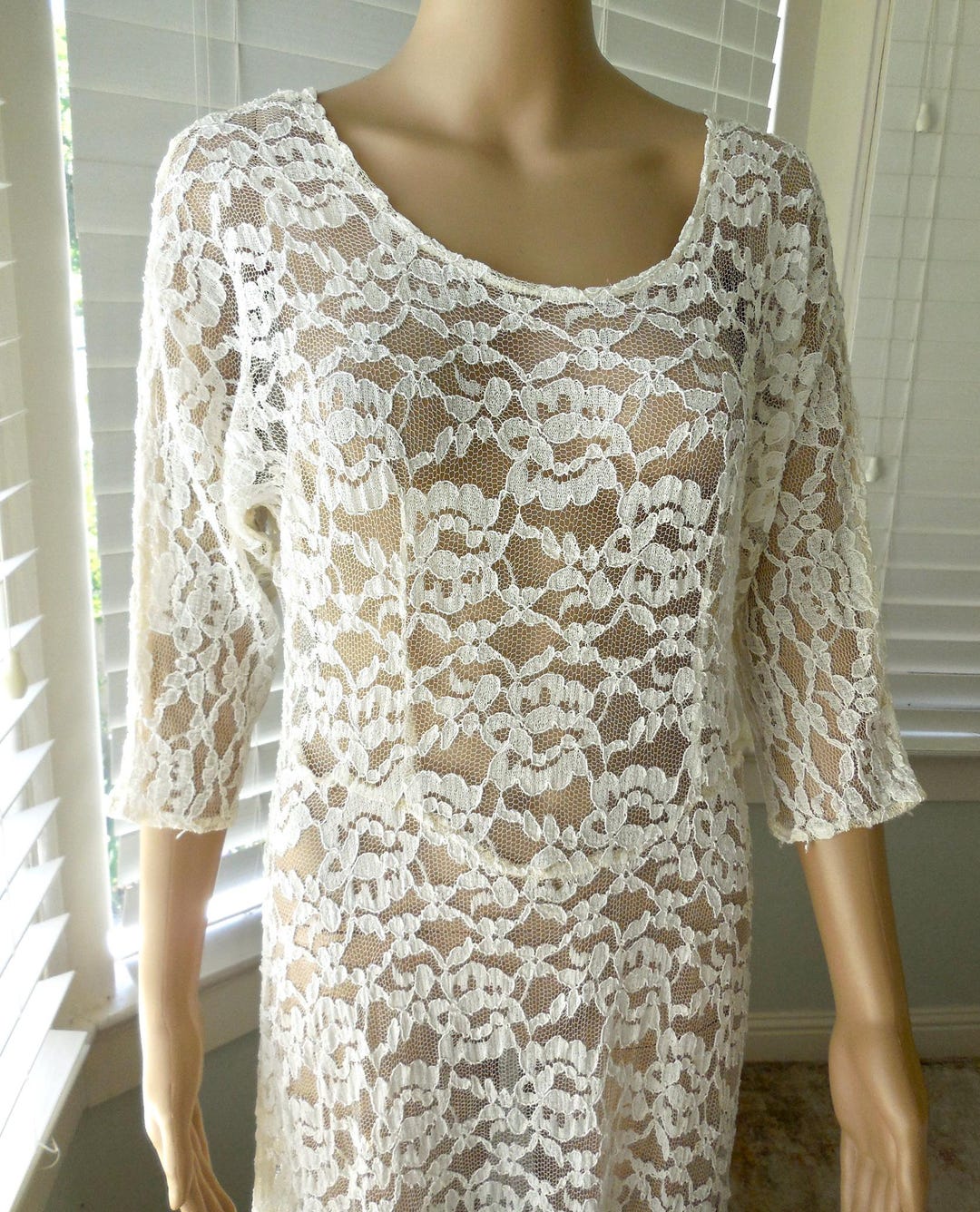 Vintage SHEER LACE Dress See Through Lace Dress Long Lace Dress Ivory ...