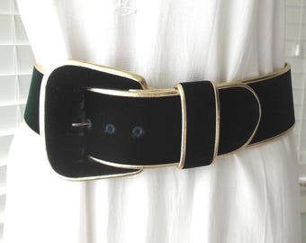 Dark Green VELVET Belt Wide Velvet Waist Belt Vintage Velvet Belt Gold Lame Trim Large Covered Buckle Mod Chic Statement Belt Small 28
