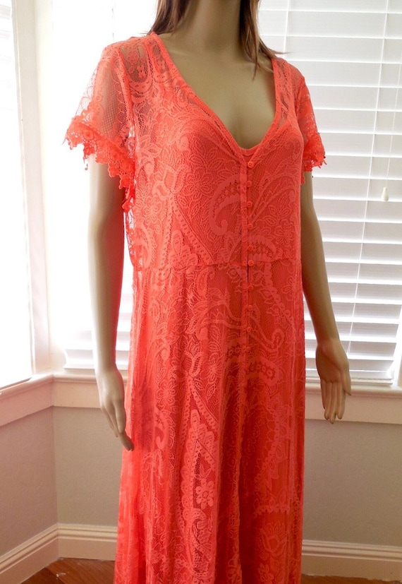 Lace Overlay Dress Set Sheer Tangerine Lace Gown Elegant Lace Maxi Dress Formal Lace Dress Button Front Full Figure Plus Size 1X Unworn Lace Overlay Dress Set Sheer Tangerine Lace Gown Elegant Lace Maxi Dress Formal Lace Dress Button Front Full Figure Plus Size 1X Unworn