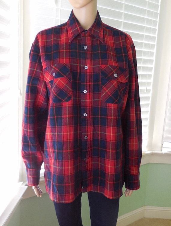 Vintage PLAID Work Shirt CAVALLON Mens Red Plaid S