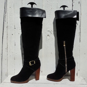 SUEDE Thigh Boots REPORT SIGNATURE Black Suede Boots Over The Knee Boots Suede High Heel Boots Flap Over Buckle Strap Boho Chic Size 7 M