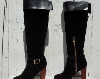 Black SUEDE Knee Boots Fold Over Knee Boots REPORT SIGNATURE Tall Suede Boots High Heel Boots Buckle Strap Inside Zipper Size 6.5 M