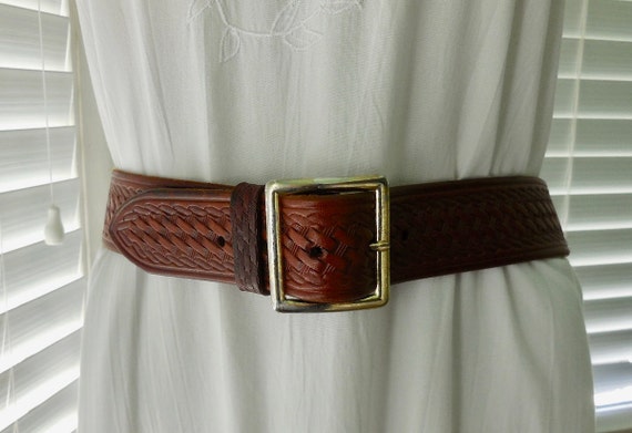 Men's LEATHER HOLSTER Belt Stamped Basketweave Belt Oxblood Leather Bridle Leather Belt Trucker Belt Western Belt Unworn Plus Size 50