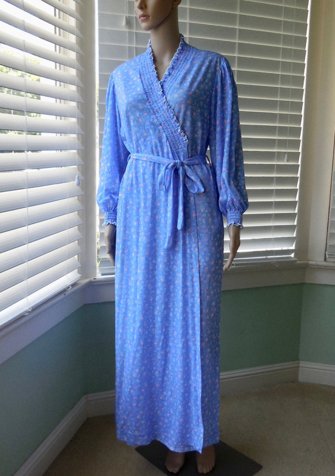Blue JERSEY ROBE Womens Blue Floral Robe Ruffles Smocking Maxi Robe Long Dressing Robe Jersey