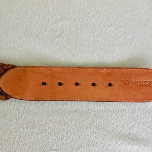 May include: Brown leather belt with a braided strap and five belt loops. The belt has the number "30 42407" stamped on the back.
