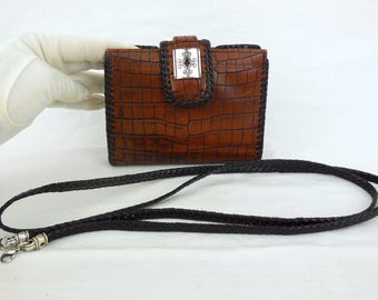 BRIGHTON Croc EMBOSSED Wallet Moc Croc Leather Wallet Billfold With Strap Folding Wallet Clutch Bag Small Shoulder Purse Removable Strap
