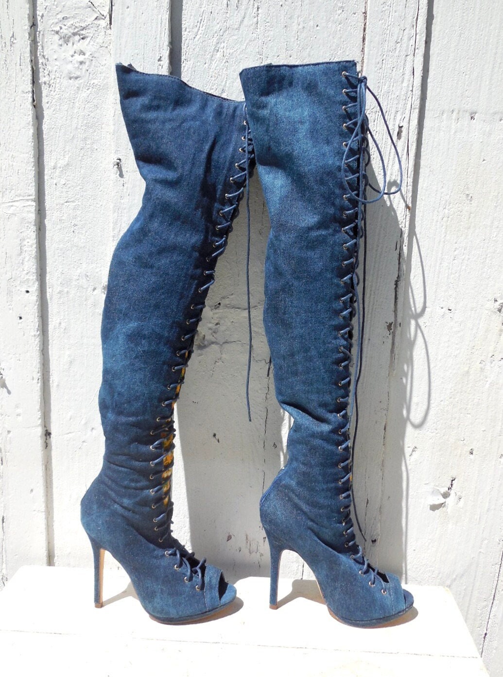 Denim top thigh boots